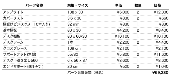 デスクプラン102bパーツリスト