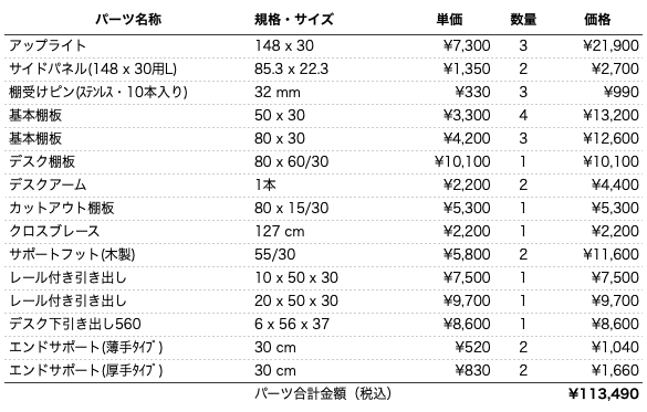 デスクプラン105bパーツリスト