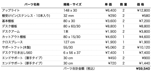 デスクプラン106bパーツリスト