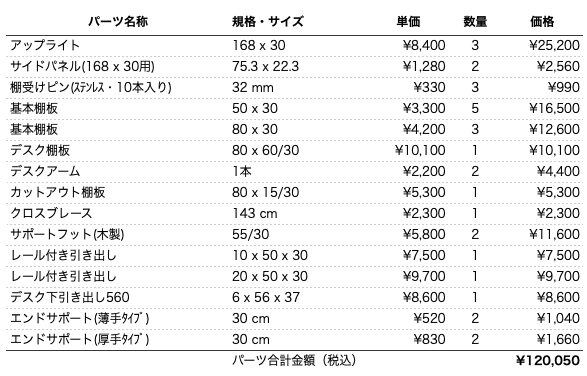 デスクプラン109bパーツリスト