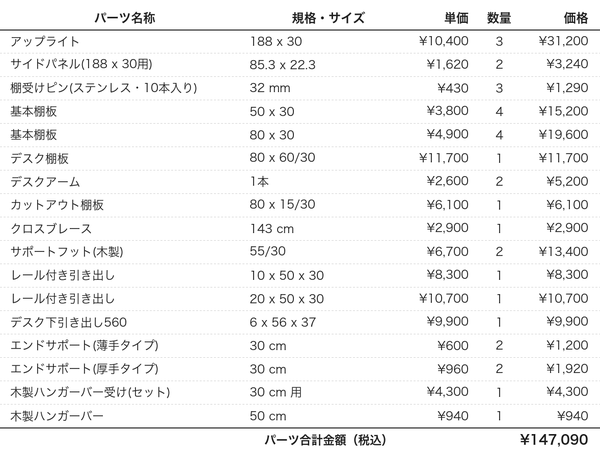 デスクプラン113bパーツリスト