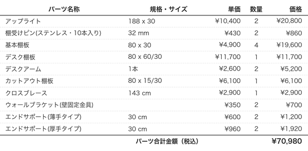 デスクプラン116aパーツリスト