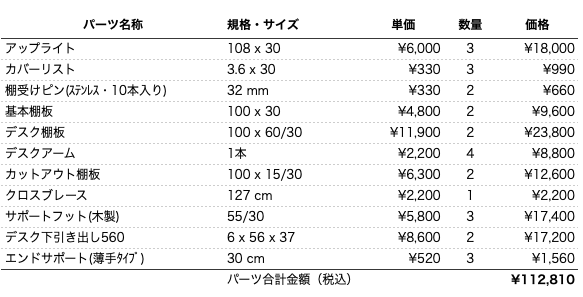 デスクプラン162bパーツリスト