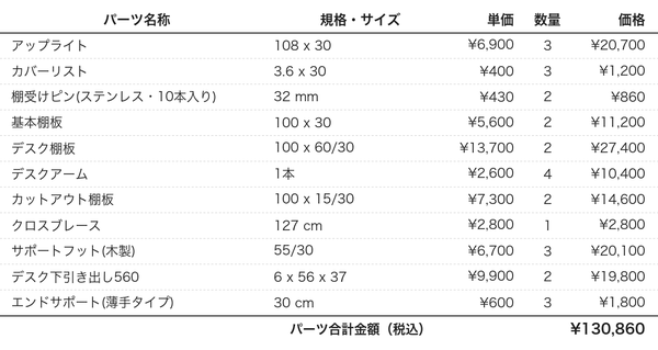 デスクプラン162bパーツリスト