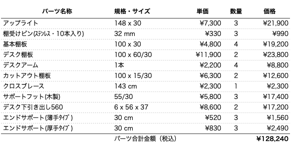 デスクプラン166bパーツリスト