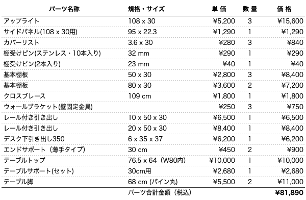 デスクプラン203パーツリスト