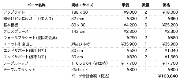 デスクプラン398パーツリスト